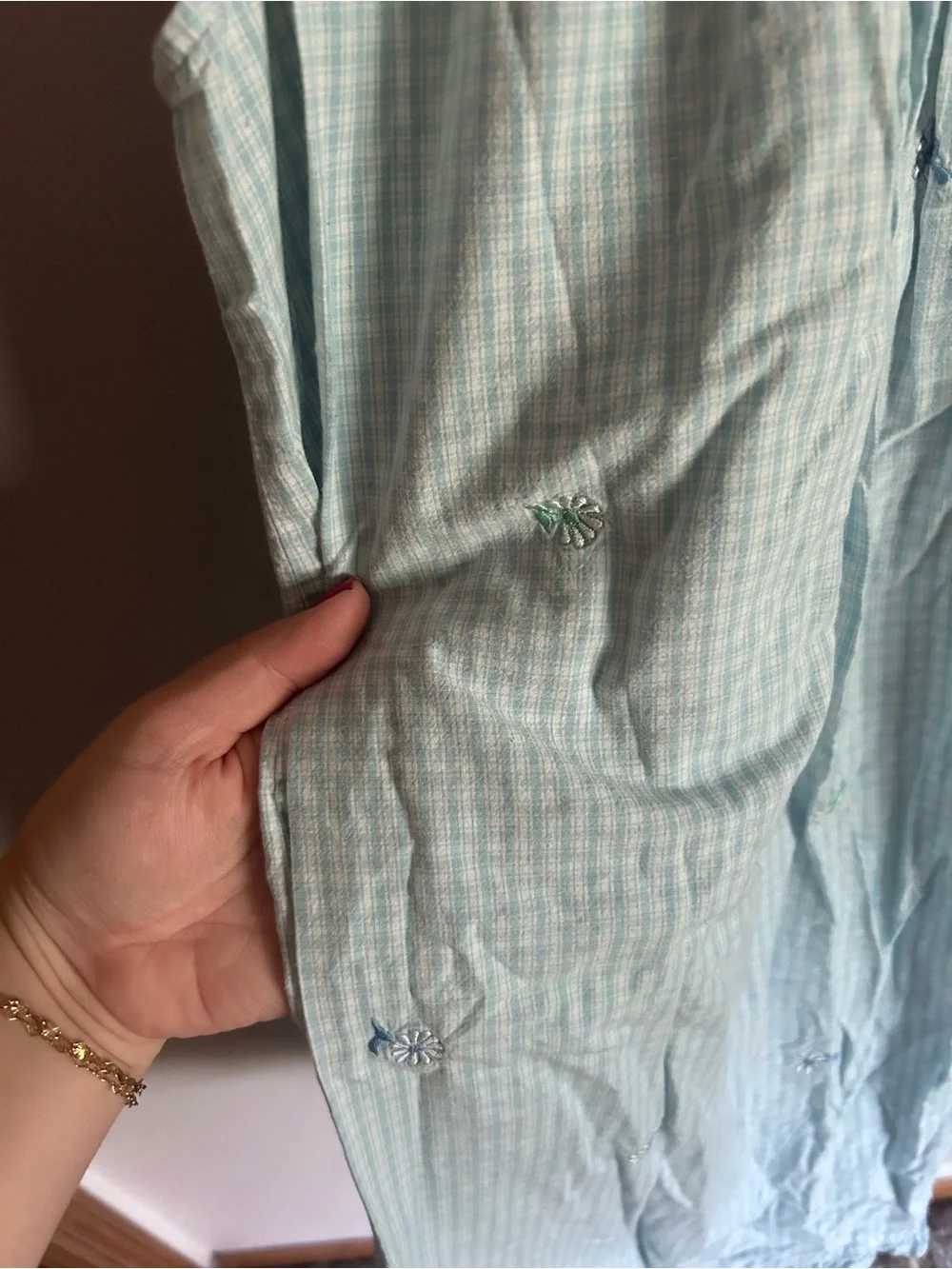 Vintage Amanda Stewart blue gingham floral embroidered ruffle hem nightgown